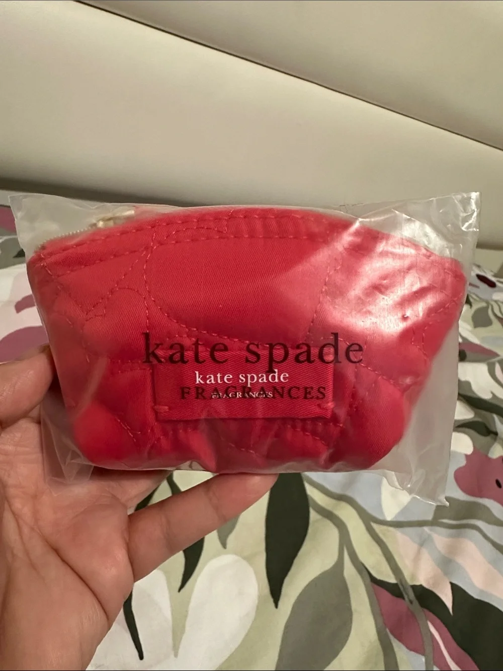 kate spade Red Quilted Cosmetic Pouch/Coin Case with Sample Perfumes